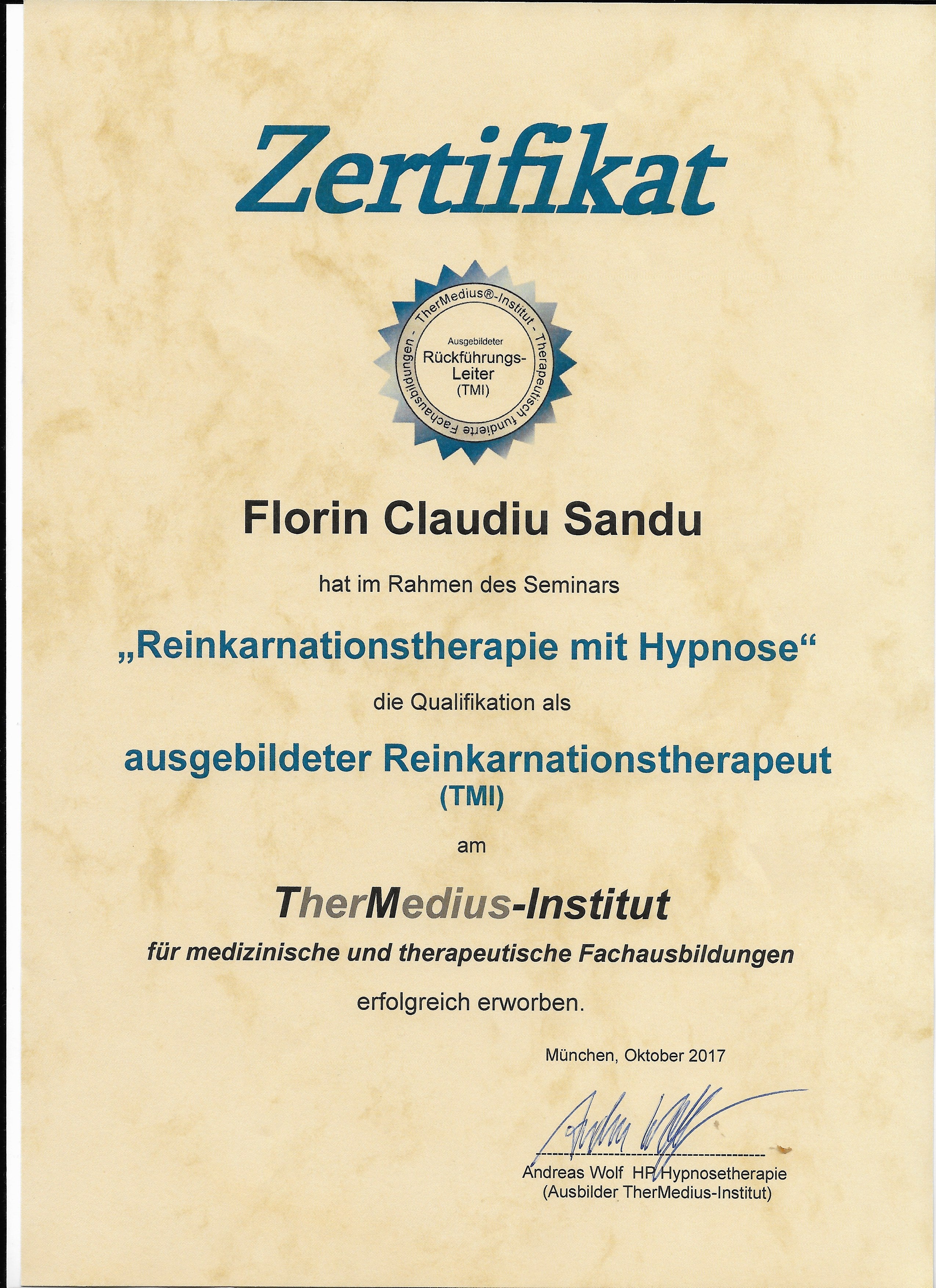 Hypnose & Reiki Zertifikat Florin Sandu