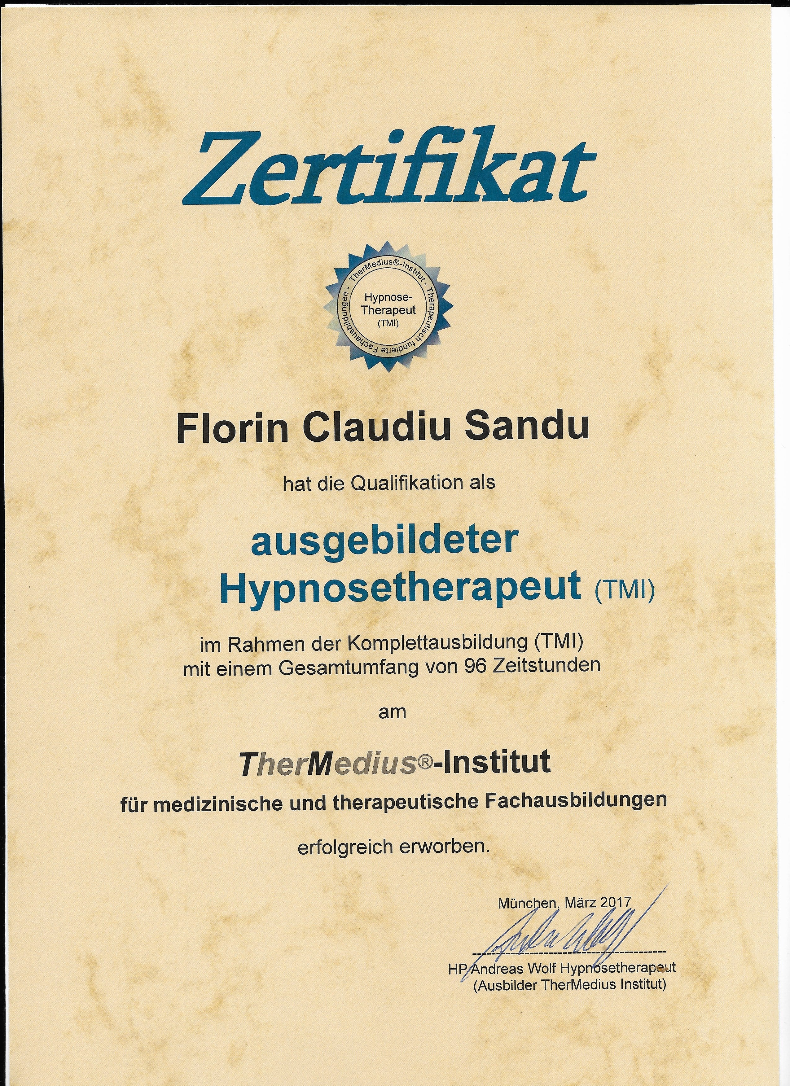 Hypnose & Reiki Zertifikat Florin Sandu